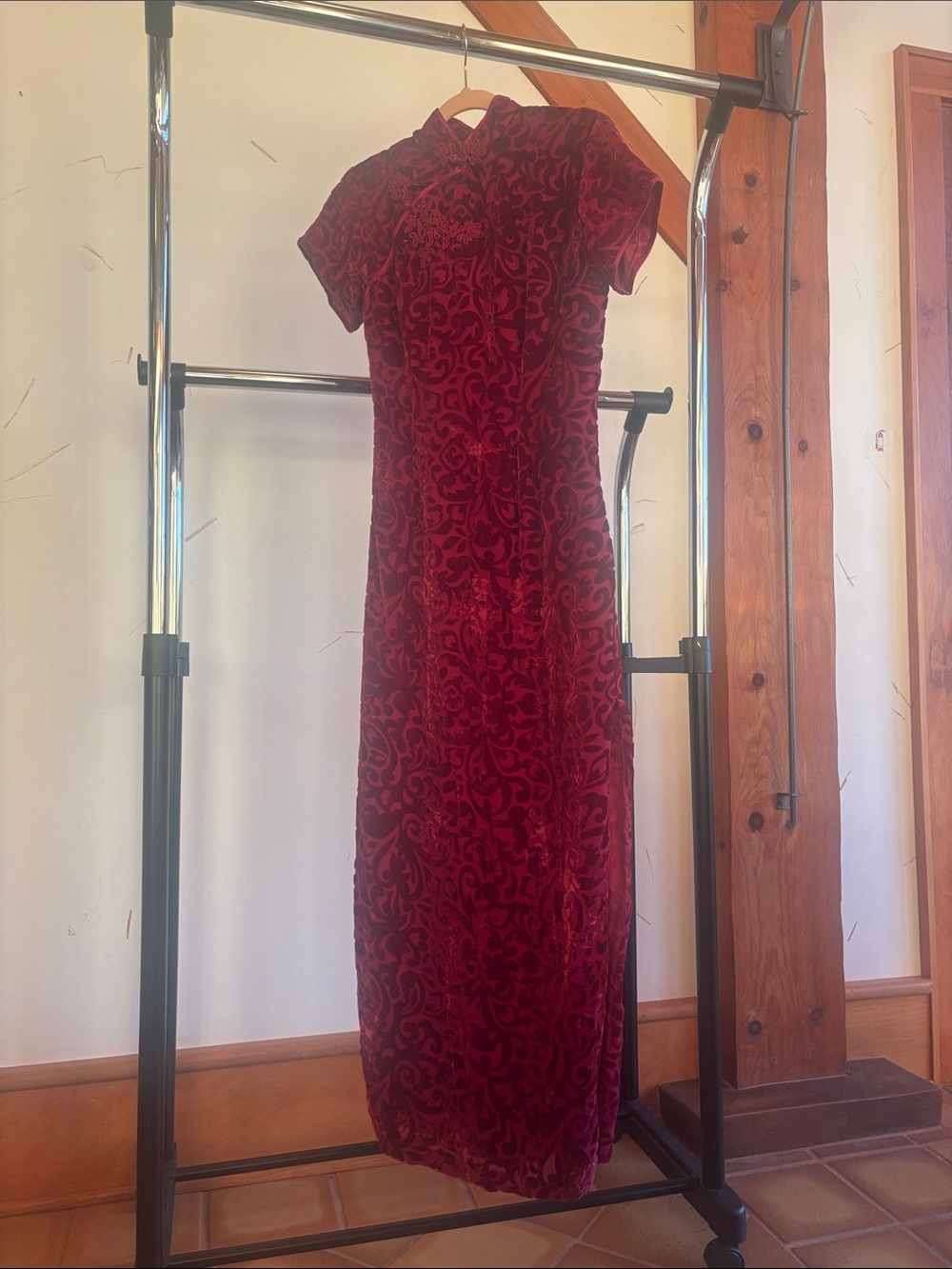 Women's Luxury SilkBurnout Velvet Red Vintage Dress. Handmade In Shanghai, China